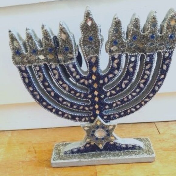 Silver and blue and sparkling Decorative Menorah - Picture 2 of 8